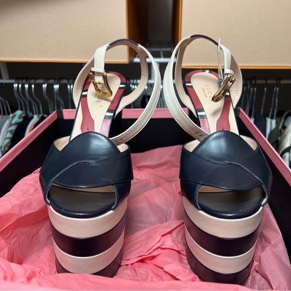 Gucci stripes sally Blue/White Leather Striped Sally Platform Wedge Sandals new - Picture 7 of 9
